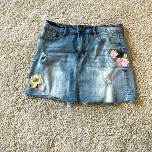Angel Kiss Los Angeles floral embroidered frayed raw hem Denim mini Skirt